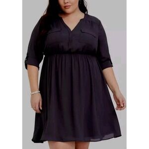 Torrid Harper‎ Black Georgette Dress Sz 3 Lined Waist Tab Sleeve Office to Date
